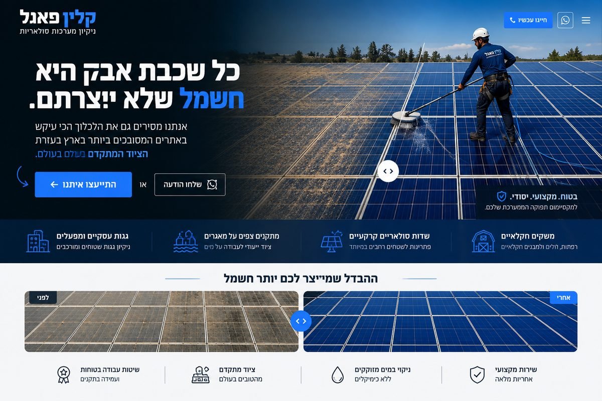 עיצוב אתר לחברת ניקוי פאנלים סולאריים, תצוגת מחשב