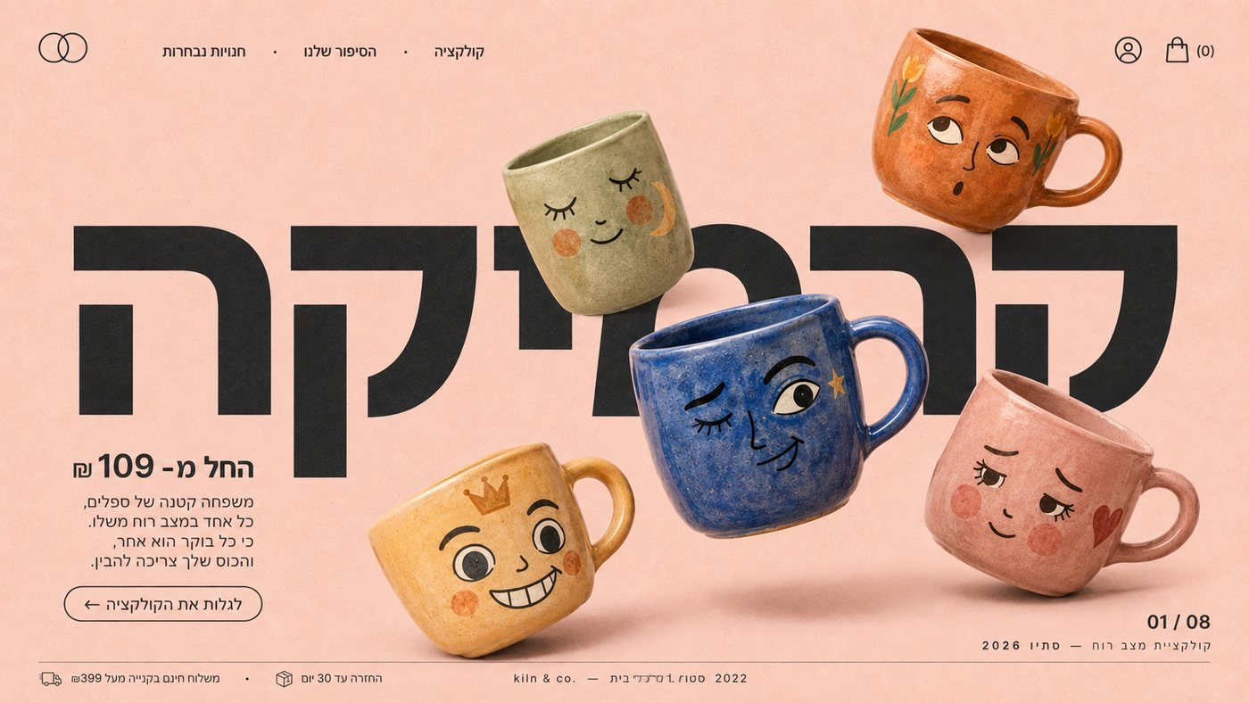 עיצוב דף הבית של אתר הקרמיקה שבנינו, מוצג במסך לפטופ