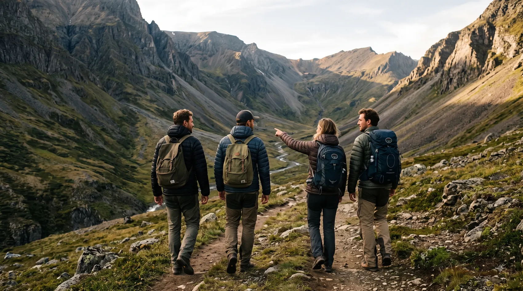 Travelers exploring a mountain valley