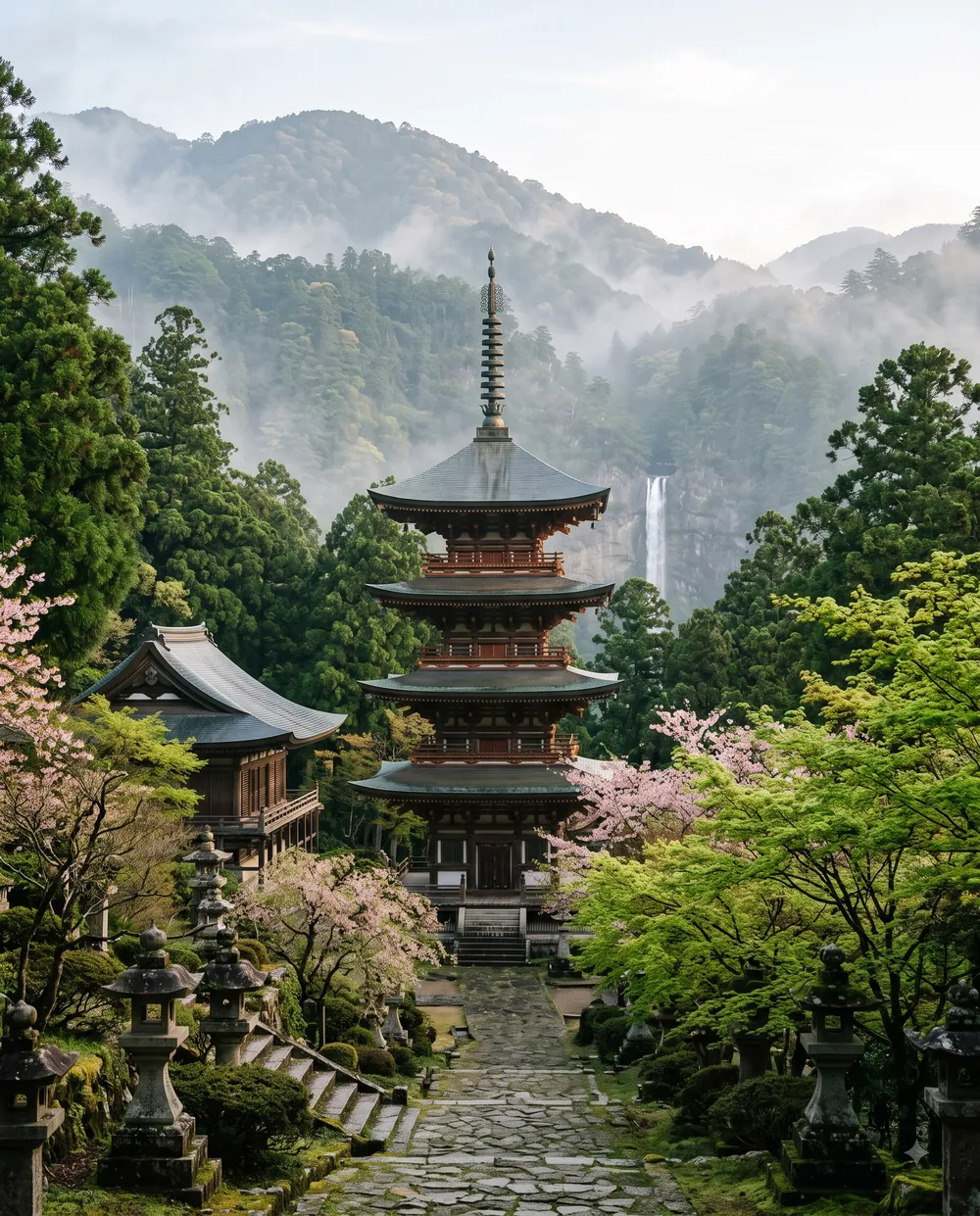 Pagoda in the misty mountains of Japan