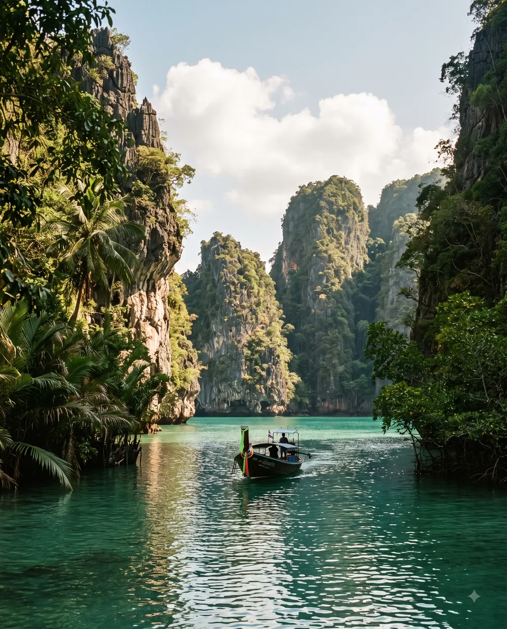 Long-tail boat between limestone cliffs, Thailand