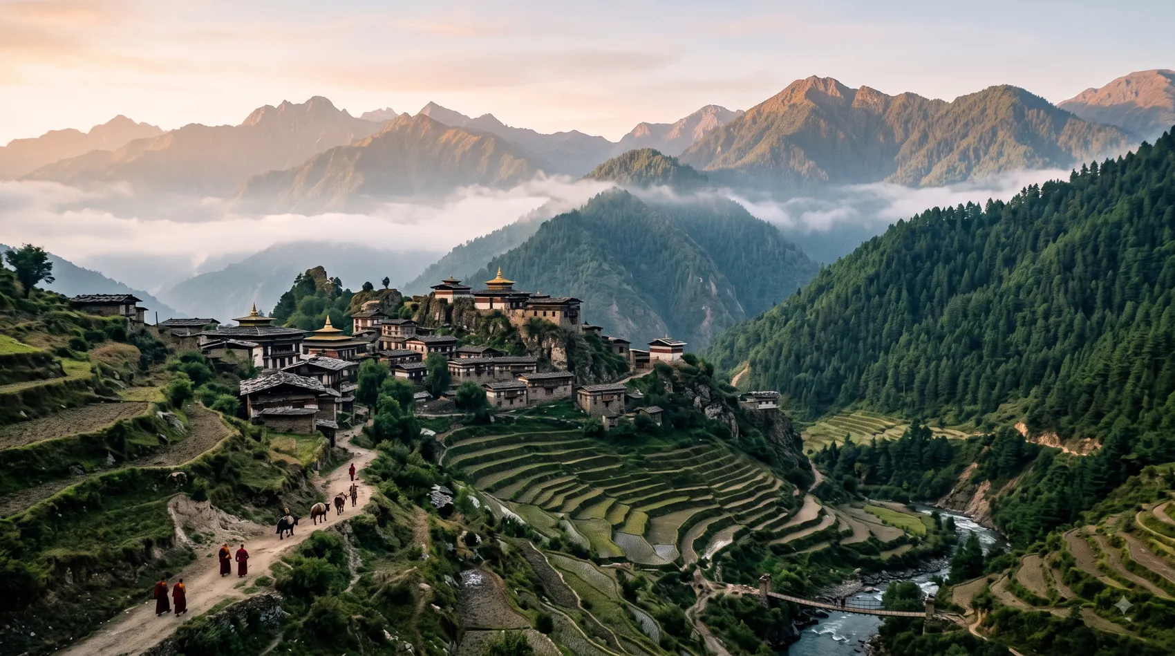Mountain monastery village at sunrise