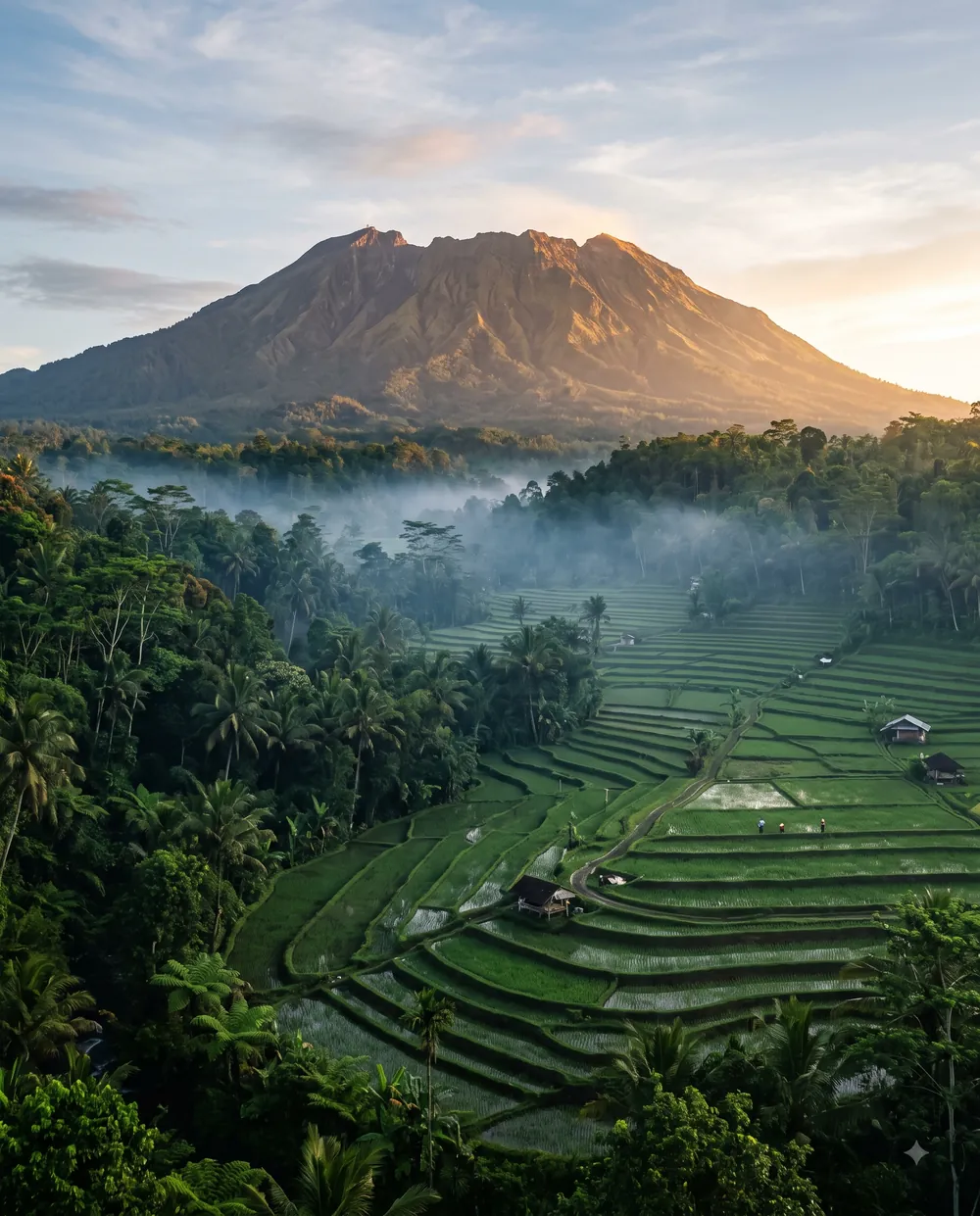 Volcano over rice fields, Indonesia