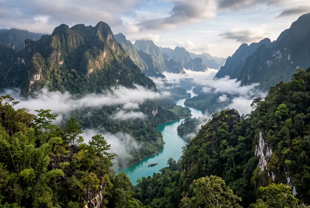 Emerald river through karst jungle