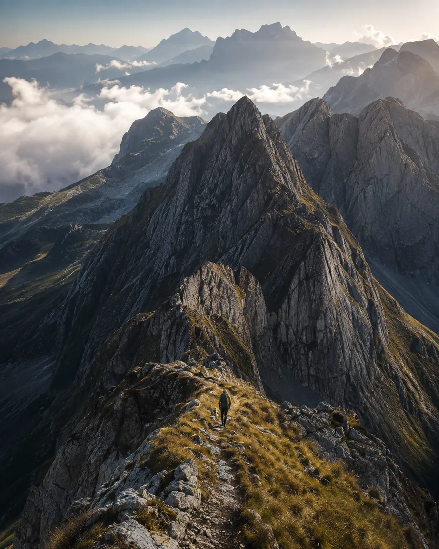 Hiker crossing a mountain ridge