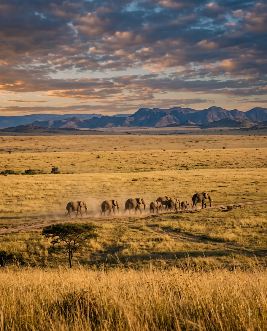 Elephant herd at sunset