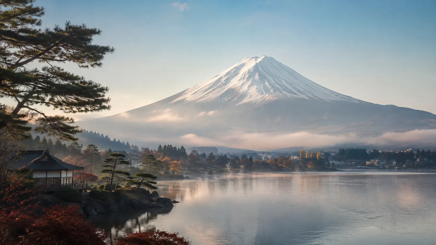 Mount Fuji across a still lake