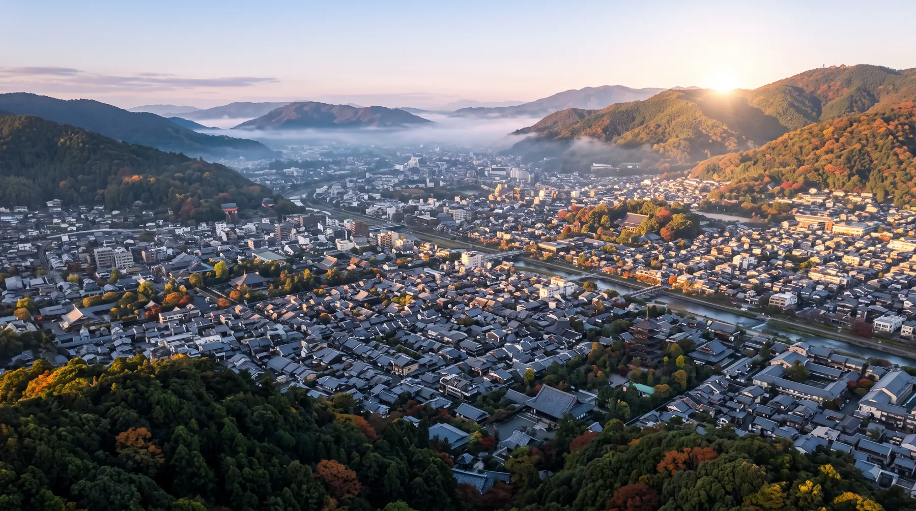 Kyoto at sunrise under morning fog