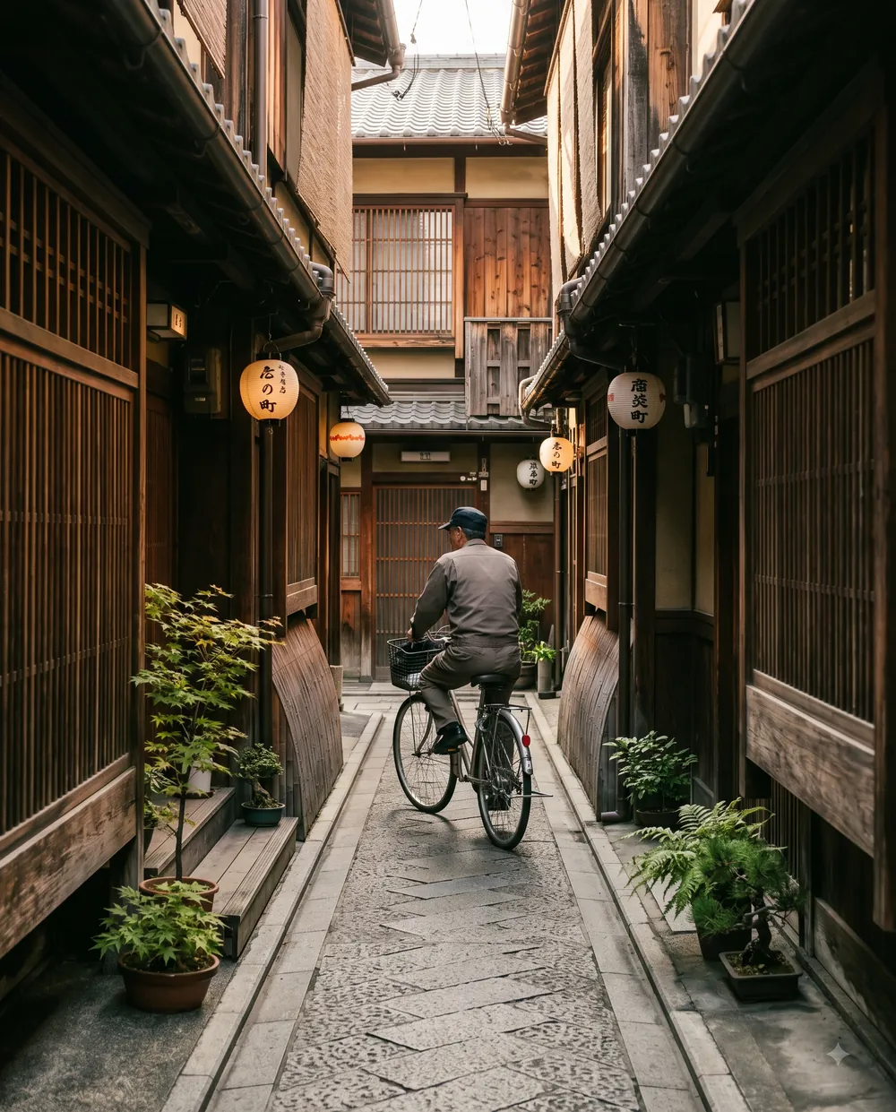 Cyclist in a Kyoto alley