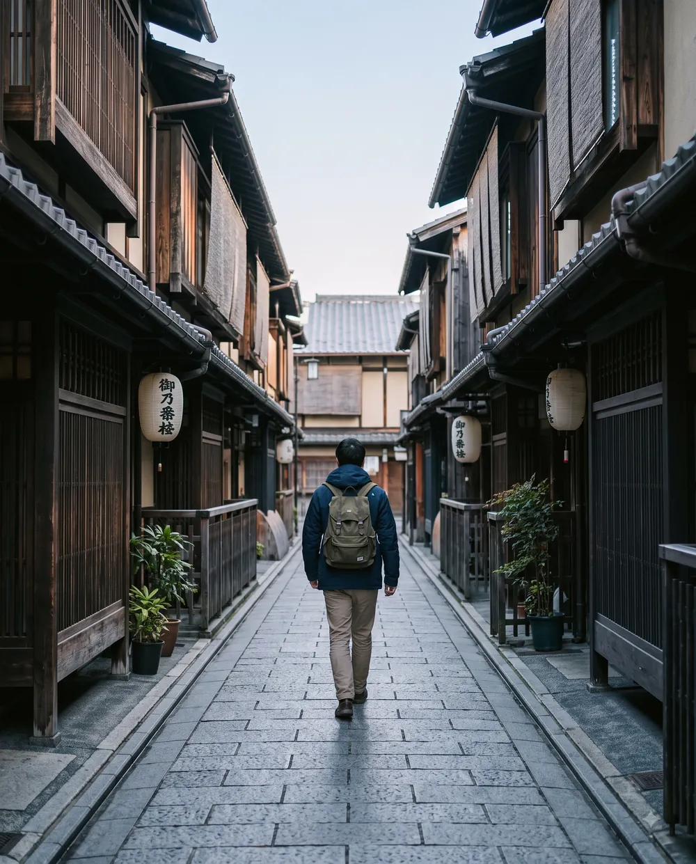 Traveler walking a quiet street