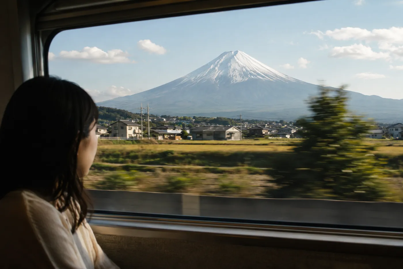 Mount Fuji seen from a train window